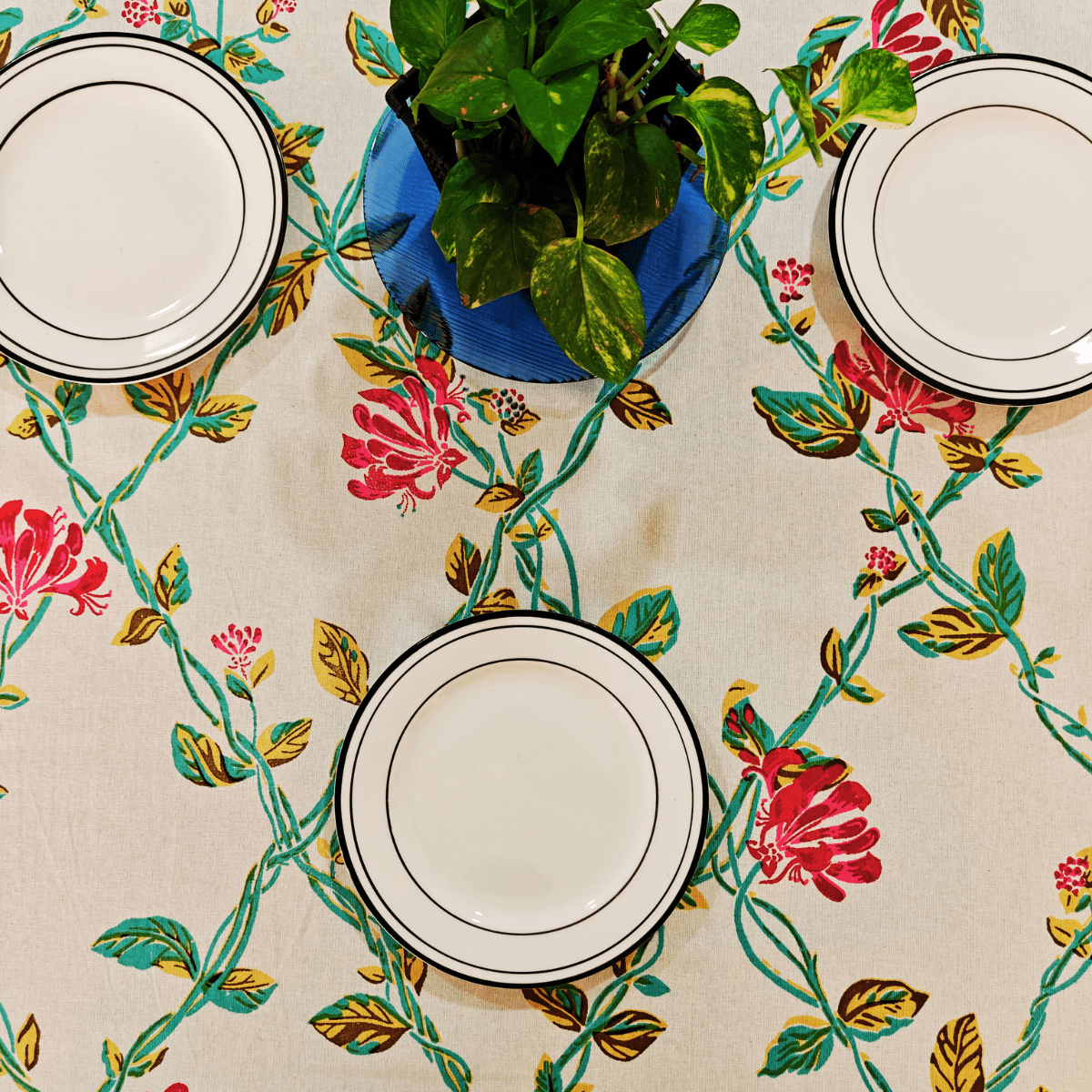 Peony 6 Seater Dining Table Cover, Block Print, 100% Cotton, 60" x 90" - Coral Slub -